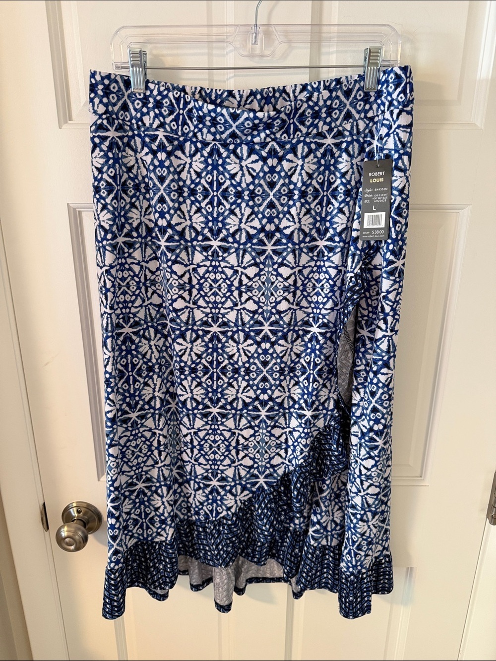 Robert Louis Boho Blue White Pull-On Ruffle Edge Wrap Jersey Knit Midi Skirt L
